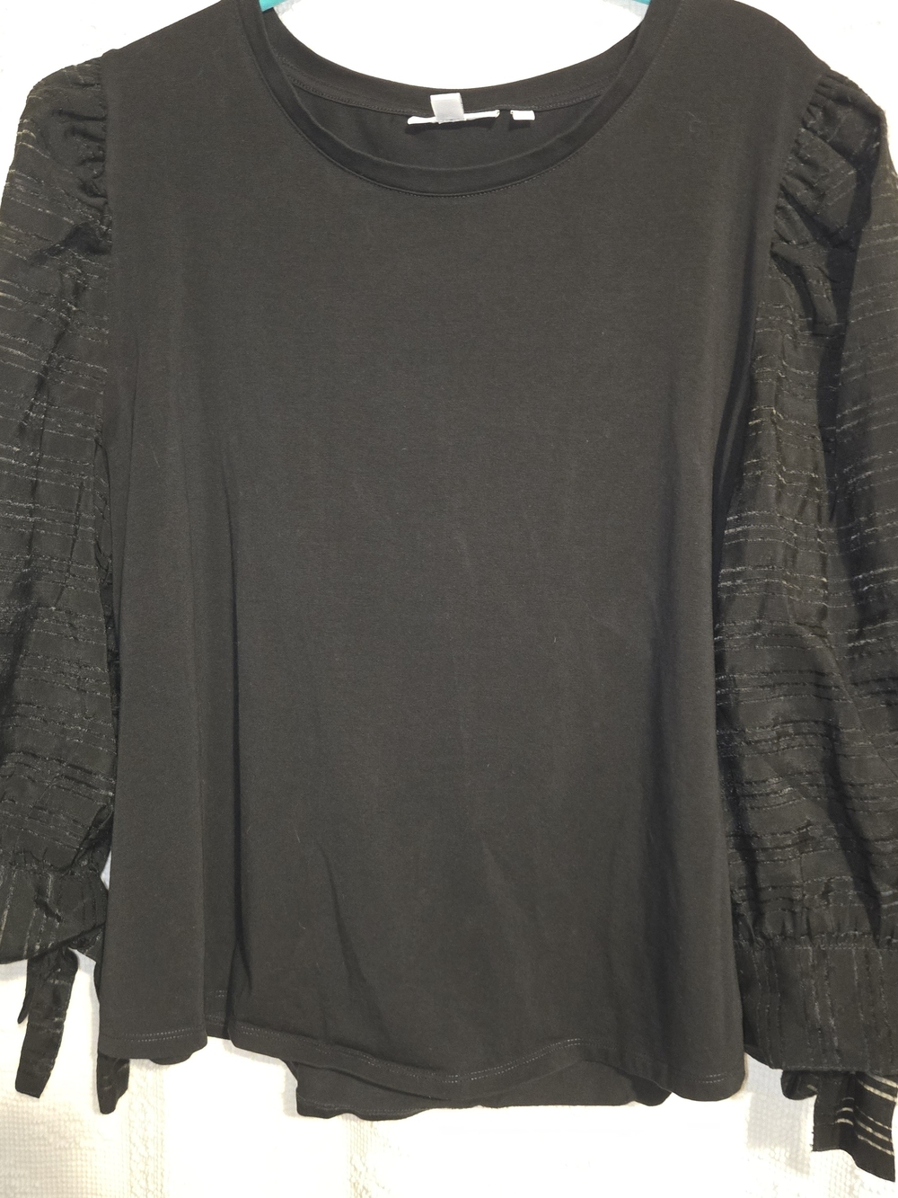 Chico's Women's 3/4 Sleeve Blouse Size 3 Black Solid Top With Sheer Sleeves